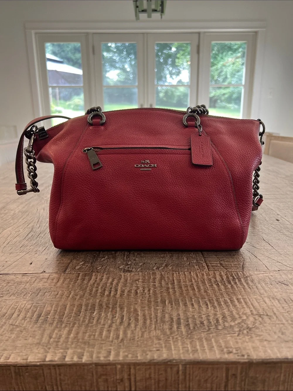 Coach Red Pebble Chain Prairie Leather Shoulder Satchel